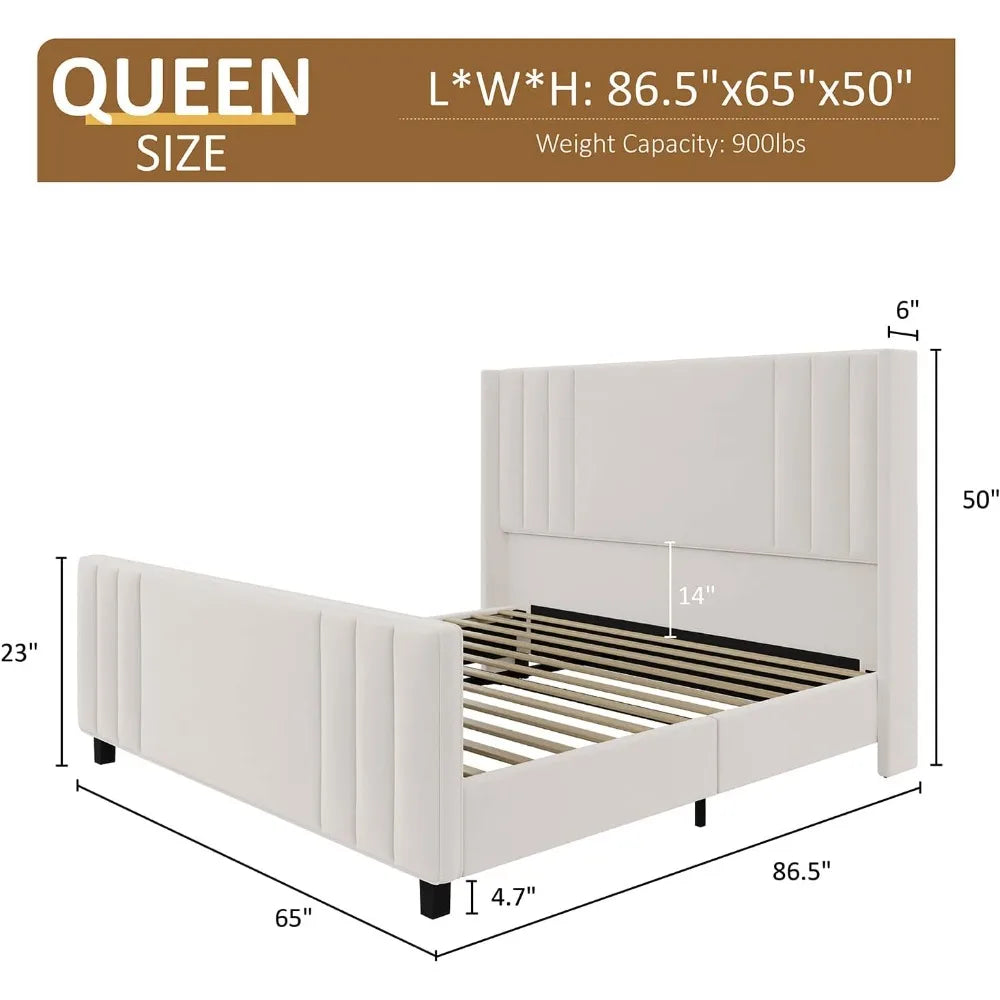 Queen Size Platform Bed Frame, Upholstered Bed with Vertical Channel Tufted Wingback Headboard & Footboard, Premium VelvetLM