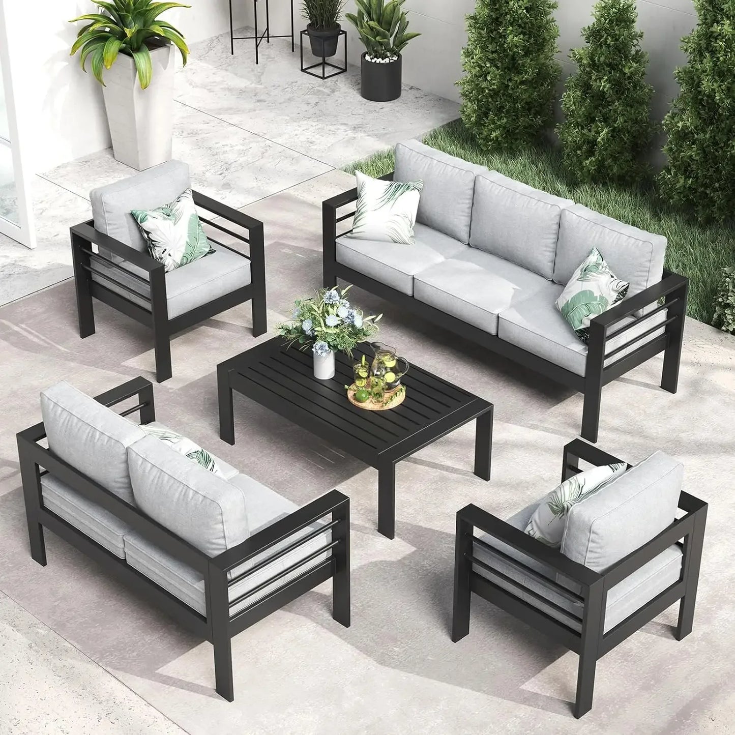 QLayinSun Aluminum Furniture with Fire Pit Table, 5 Pieces Patio Sectional Conversation Chat Sofa Modern Seating Set