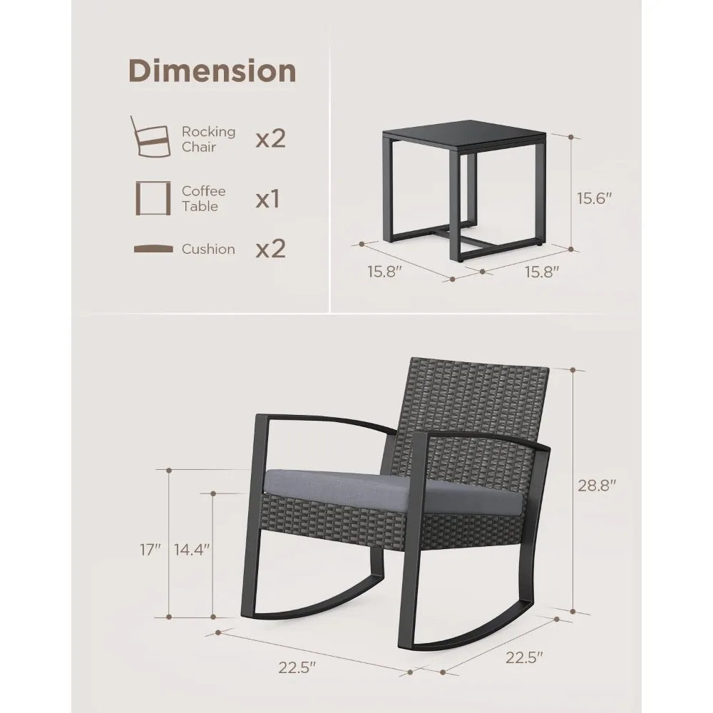 Juego de muebles de patio de 3 piezas, juego de muebles de mimbre para exteriores, juego de mecedoras de ratán modernas con mesa de café para patio, balcón