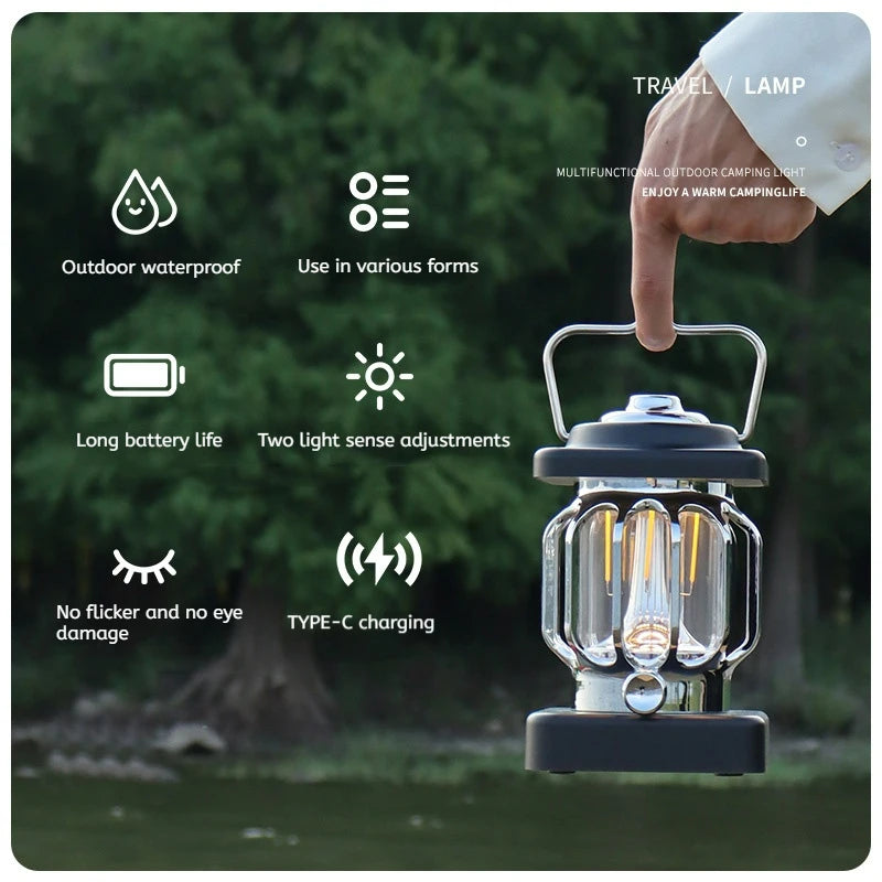 Retro Camping Light Outdoor Portable Waterproof Camping Light Super Long Battery Life Rechargeable LED Tent Light Hand Infinite