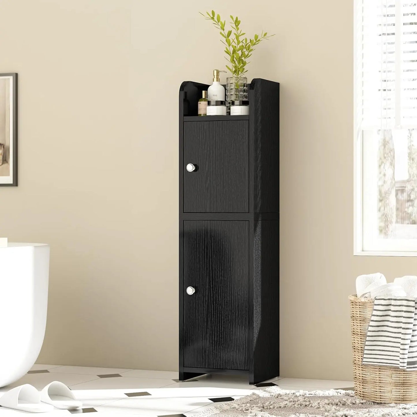 Small Bathroom Storage Cabinet, Toilet Paper Holder Cabinet, Corner Floor Cabinet with Door and Adjustable Shelves