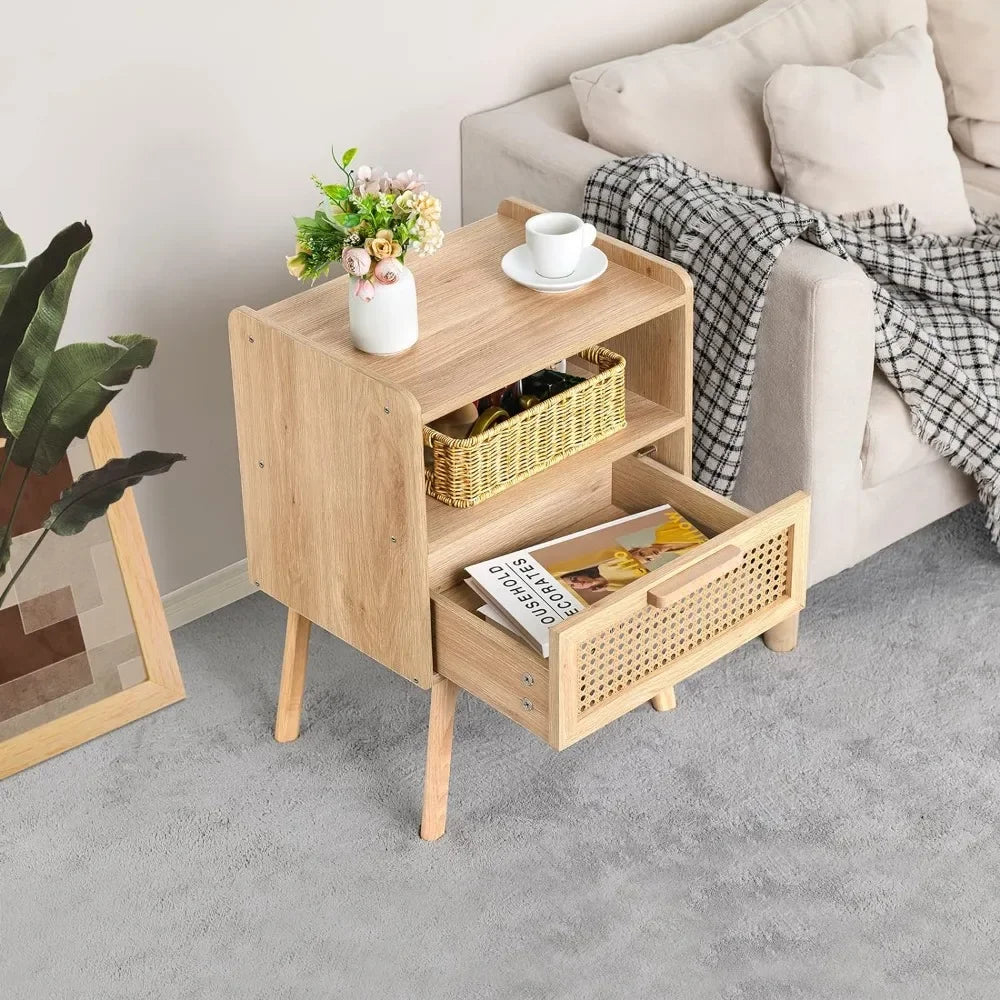 Rattan Nightstands Set of 1, Cane Accent Bedside End Table with Solid Wood Legs for Bedroom, Dorm and Small Spaces