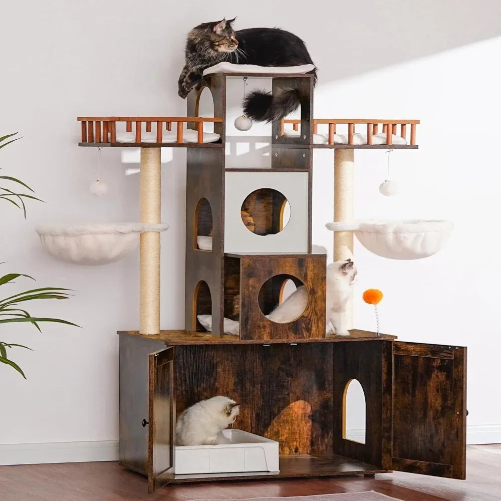 Cat Tree with Litter Box Enclosure for Indoor Big Cat and Large Cats 20 lbs Heavy Duty,with Scratching Posts Modern Cat Tower