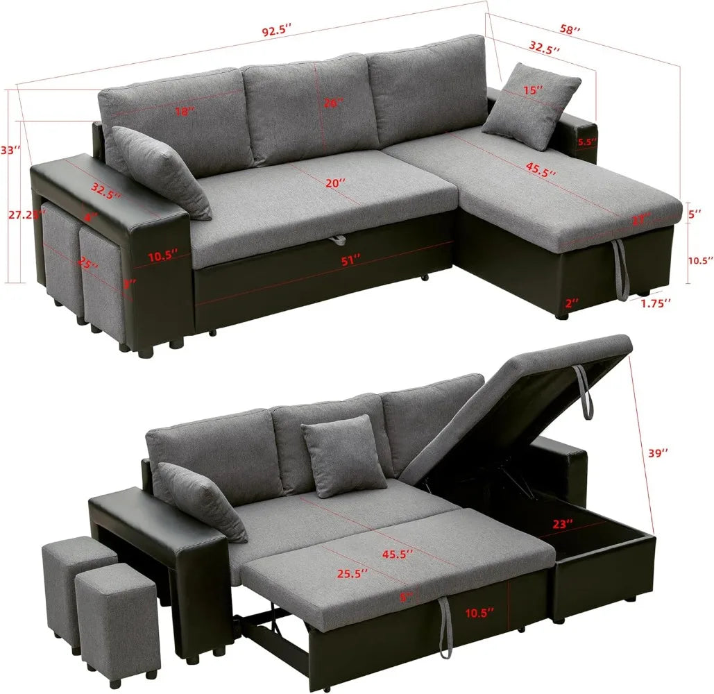 Sofa Bed, Wood Bedframe, for Living Room Bedroom Office, Pull Out Modular Sofa Bed Convertible Living Room Furniture