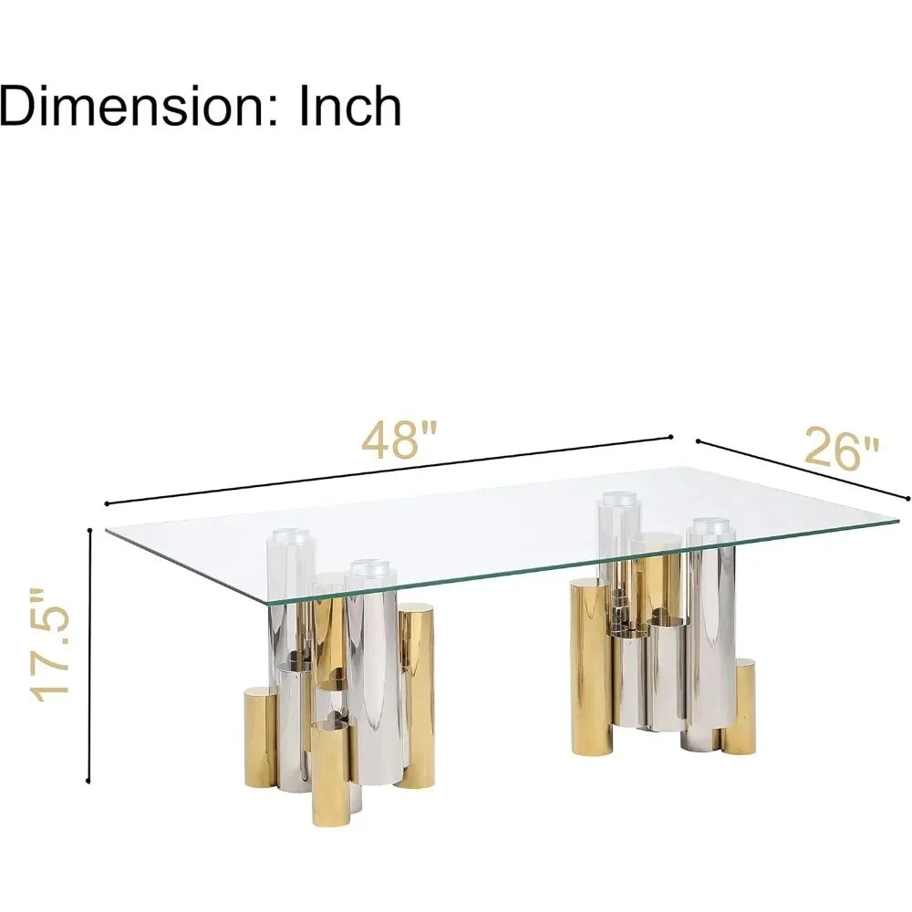 Clear Glass Coffee Table with Gold Silver Irregular Stainless Steel Base Luxury Rectangular Coffee Table for Living Room Modern