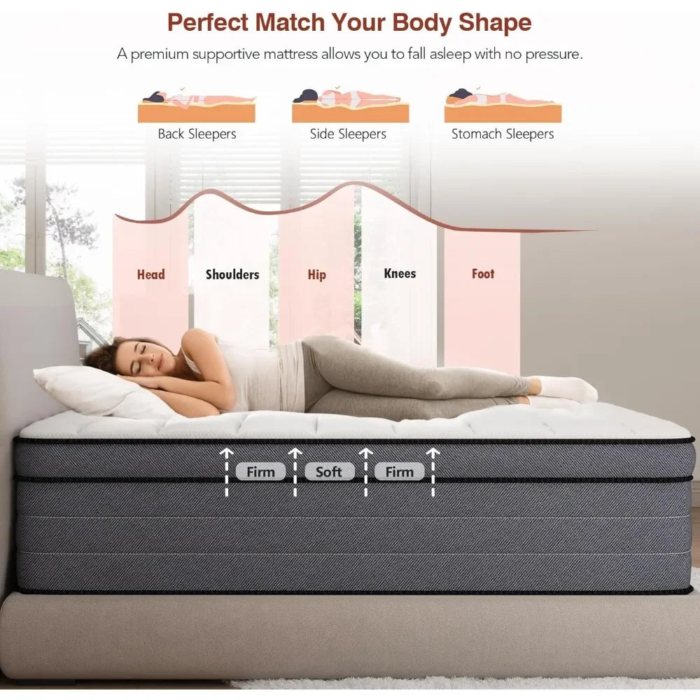 Matelas double, matelas hybride de 12 pouces, avec mousse à mémoire de forme en gel et ressorts ensachés, matelas mi-ferme au toucher moelleux