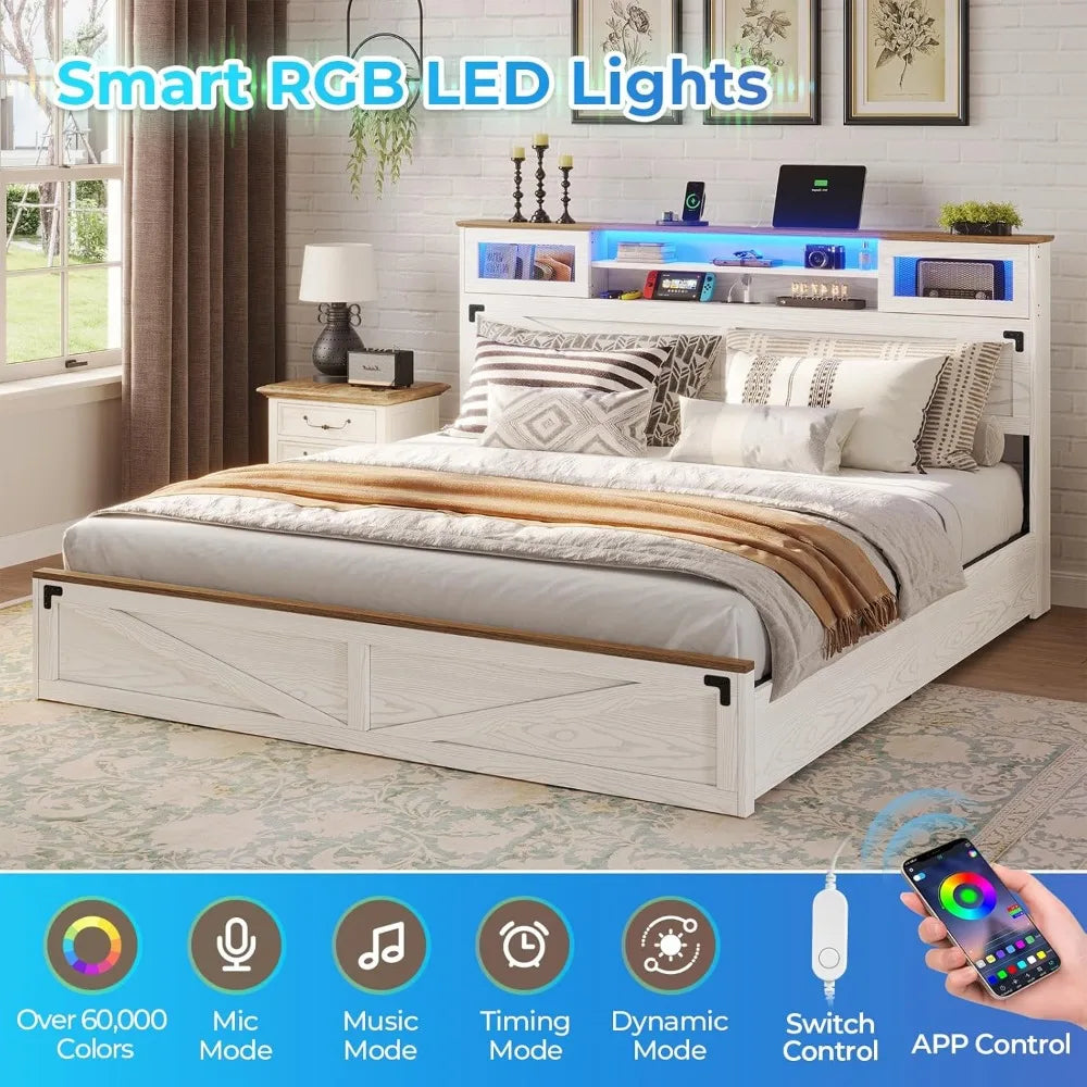 Bed Frame King Size with Bookcase Headboard and 2 Drawers, Wooden Platform King Bed with LED Lights and Charging Station