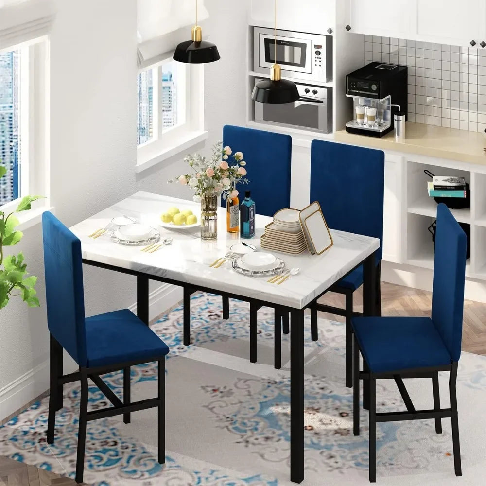 Ensemble de table à manger pour 4 personnes, plateau en faux marbre de style moderne et 4 chaises en velours pour salle à manger, cuisine, petit-déjeuner et petits espaces