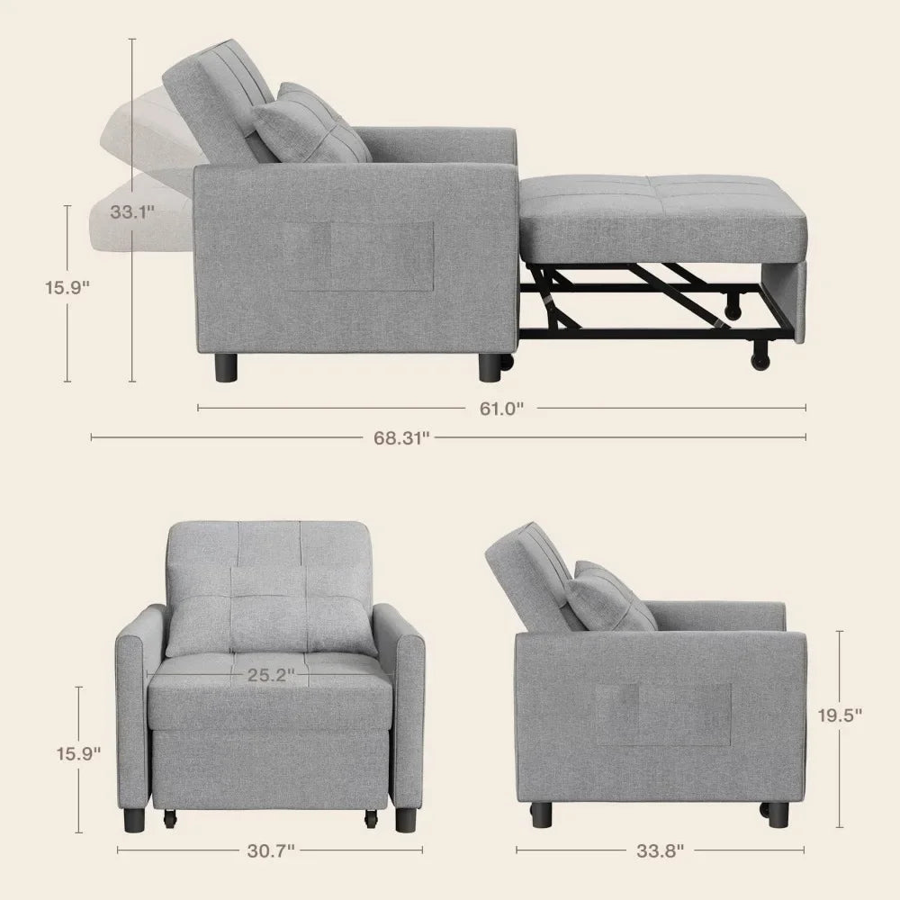 Sleeper Sofa Chair Bed, Convertible Sofa Chair 3-in-1, Adjustable Sleeper Chair Pullout Sofa Bed with Modern Linen Fabric, Grey