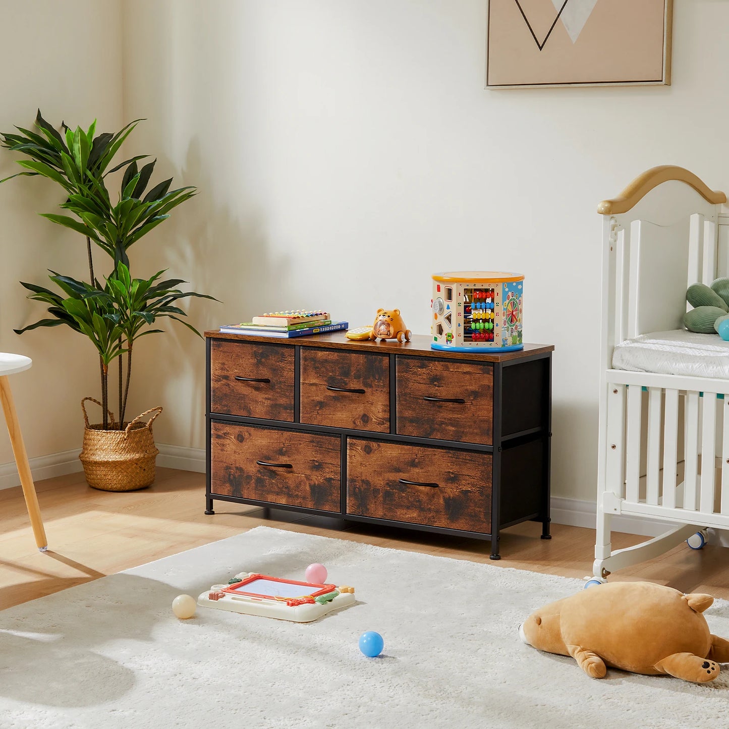 Armoire de rangement de salon JHK avec 5 tiroirs en tissu, armoire à cadre en acier, armoire pour rangement de vêtements