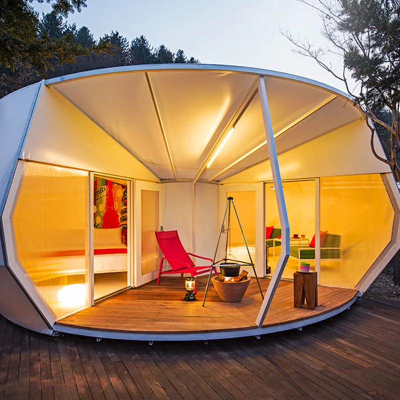 Tente de camping de forme spéciale en structure d'acier pour camp de vacances, salle de bain extérieure, tente d'hôtel de luxe en forme de beignet