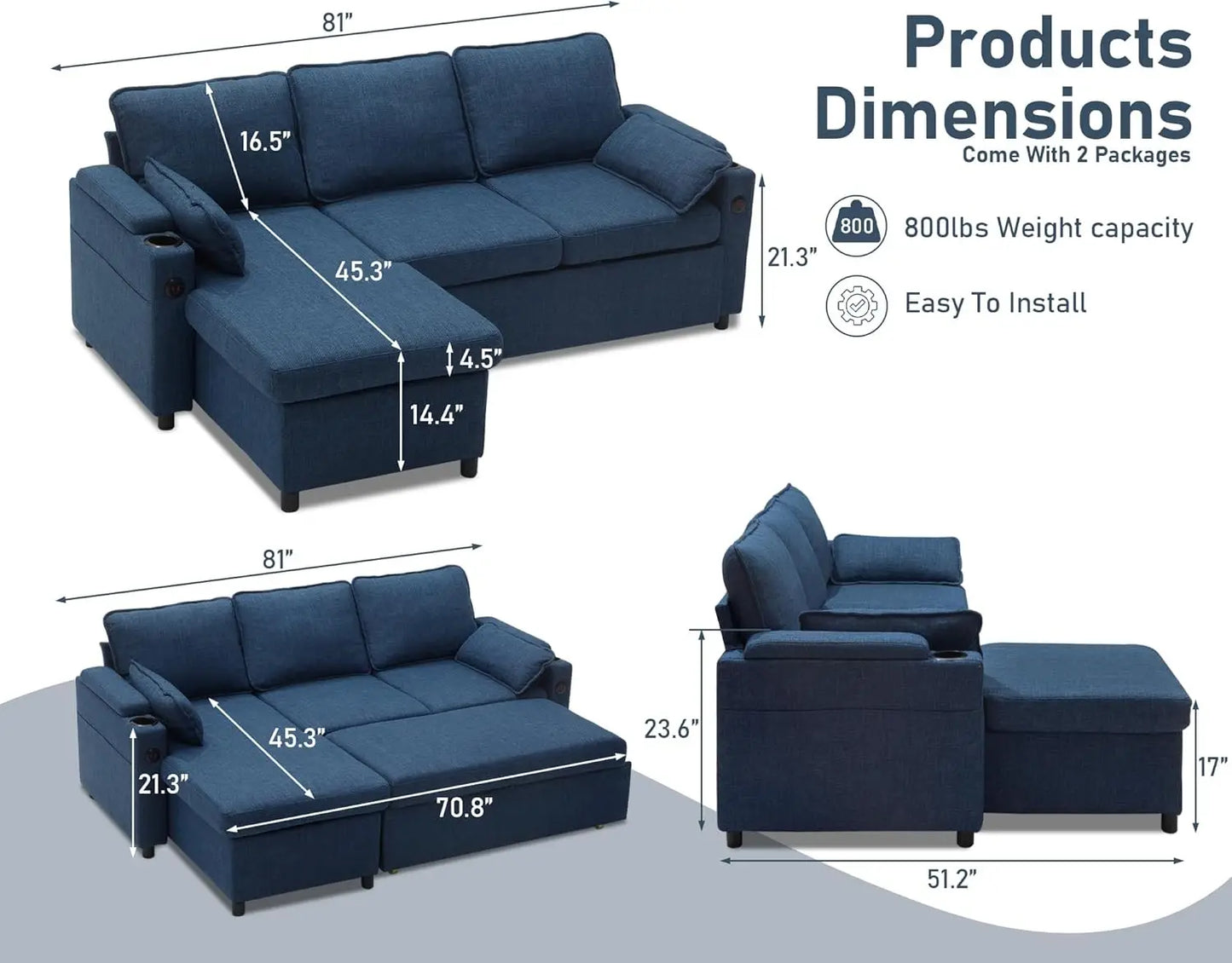 Sofa Bed Pull Out 2 in 1 Sectional Sleeper Couches w/ Storage,USB,Cup Holder,Pullout Sectional Couches for Apartment Living Room