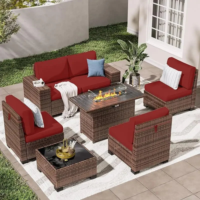 QPatio Furniture Set, 7-Piece Outdoor Sectional with Waterproof Cover, All-Weather Wicker Patio Conversation Sets for Backyard (