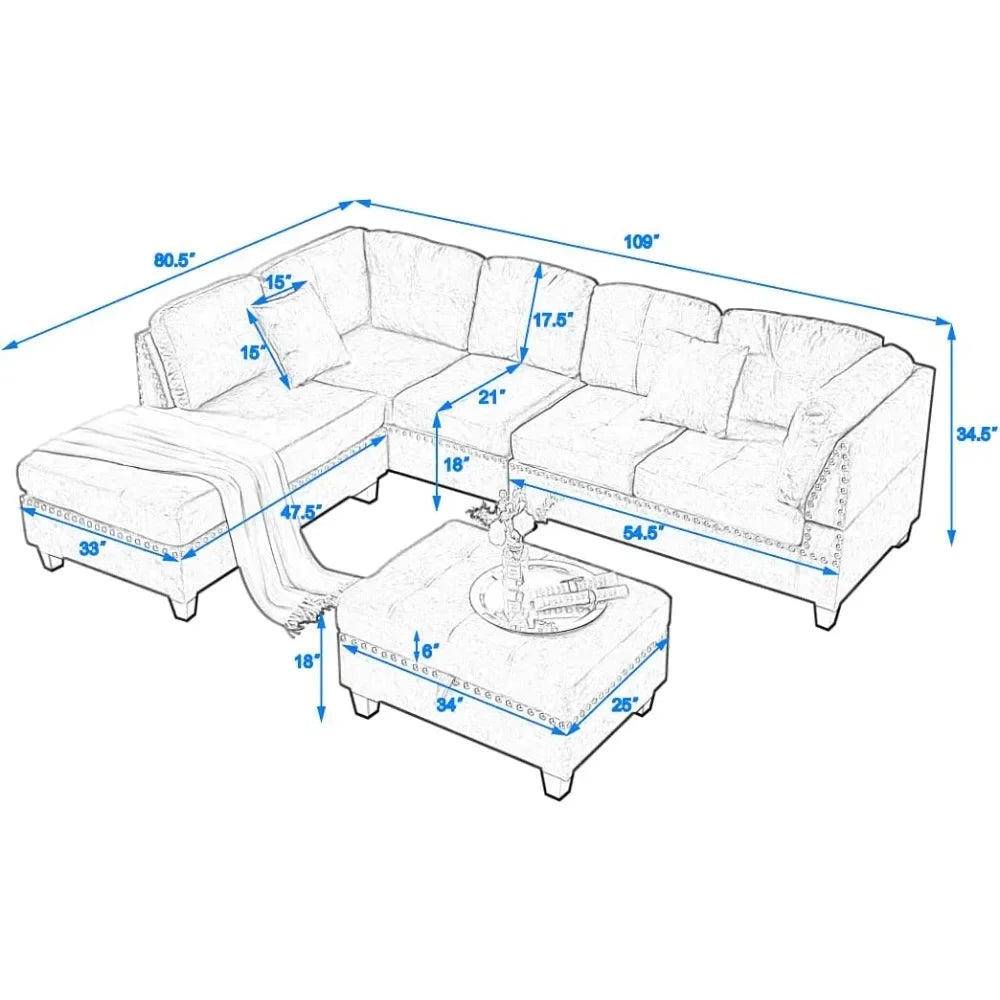 Couch L-Shape with Storage Ottoman and Two Small Pillow & Reversible Chaise Modular Sectional Living Room Furniture Sets