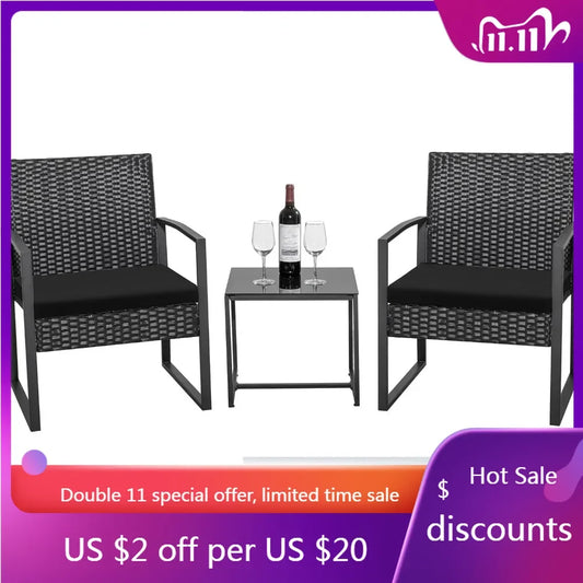 Balcony 3 Piece Furniture Table Garden Backyard Outdoor Patio Use Porch Chairs Cushioned PE Wicker Bistro Set Rattan (Black)