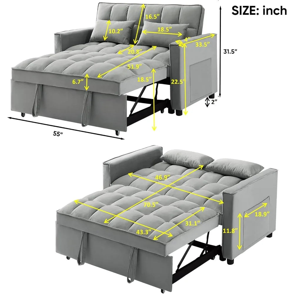 3 in 1 Modern Velvet Recliner Futon Sofa with Pullout Bed, Small Couple Seat Lounge Sofa, Living Room Furniture, Gray