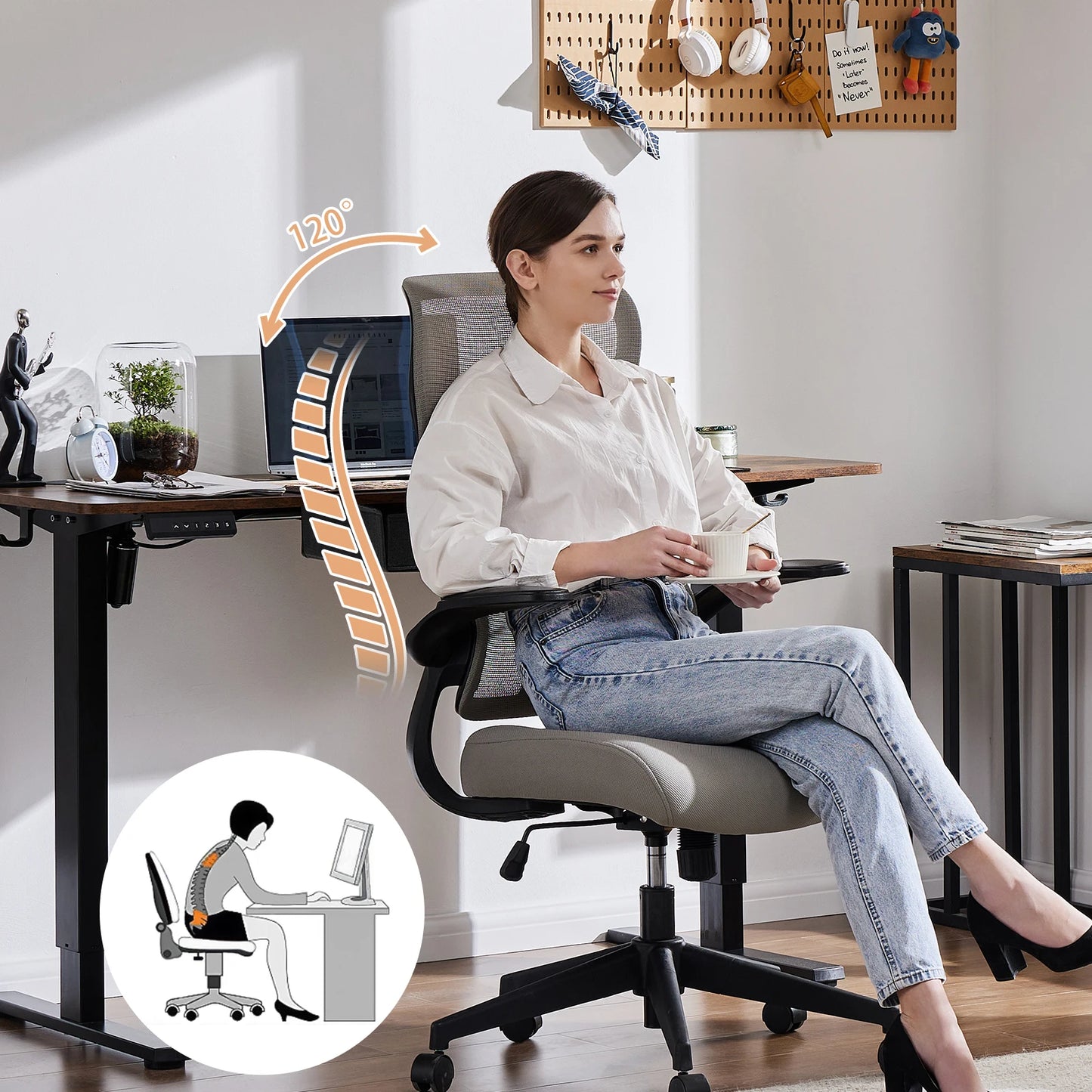 Silla ergonómica de escritorio para computadora con respaldo alto, giratoria, con ruedas y brazos abatibles, con soporte lumbar de malla JHK