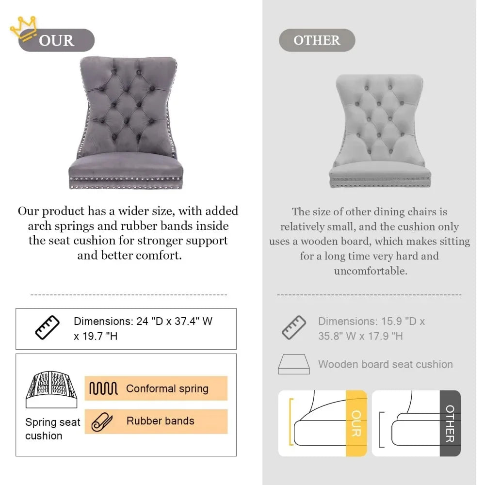 Ensemble de 6 chaises de salle à manger en velours, bordure à anneaux et dossier à boutons, chaises de salle à manger capitonnées de luxe pour salon, chaise de salle à manger