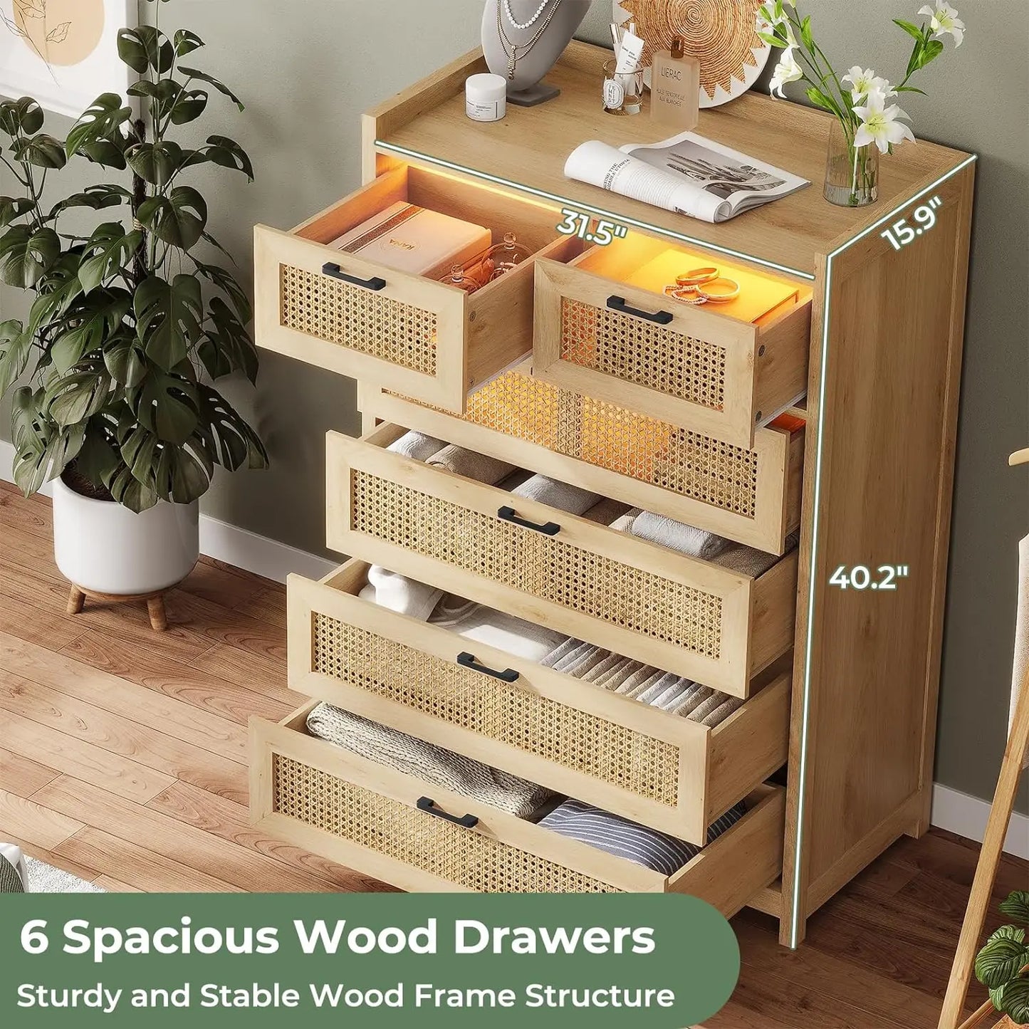 6 Drawer Dresser for Bedroom, Rattan Wood Dressers with Led Light, Tall Dressers & Chests of Drawers,  for Bedroom, Entryway