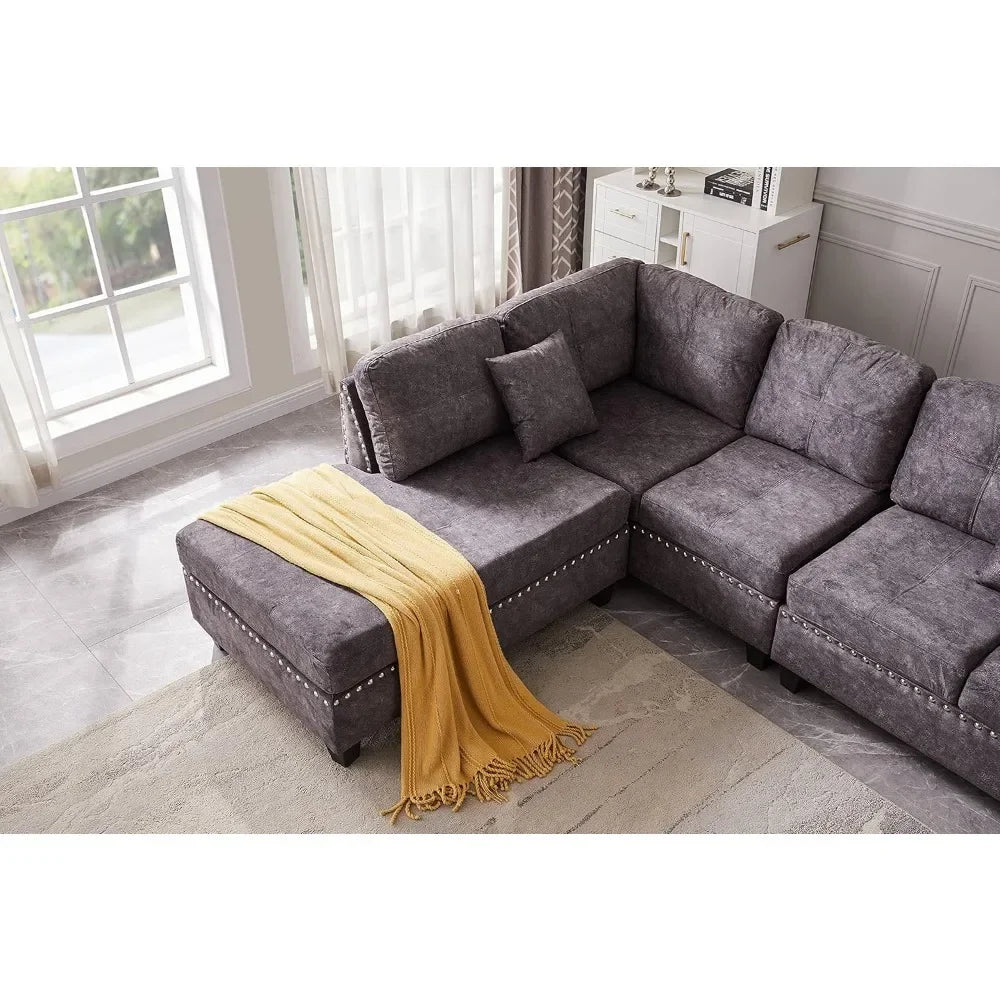 Couch L-Shape with Storage Ottoman and Two Small Pillow & Reversible Chaise Modular Sectional Living Room Furniture Sets