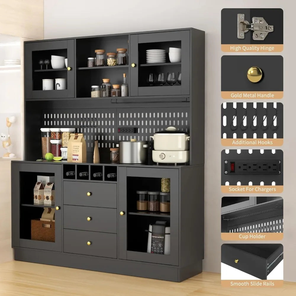 Wine Rack Tall Kitchen Hutch Cabinet with Microwave Stand, Food Pantry Cabinet with Doors and Shelves |Wine Rack for Dining Room