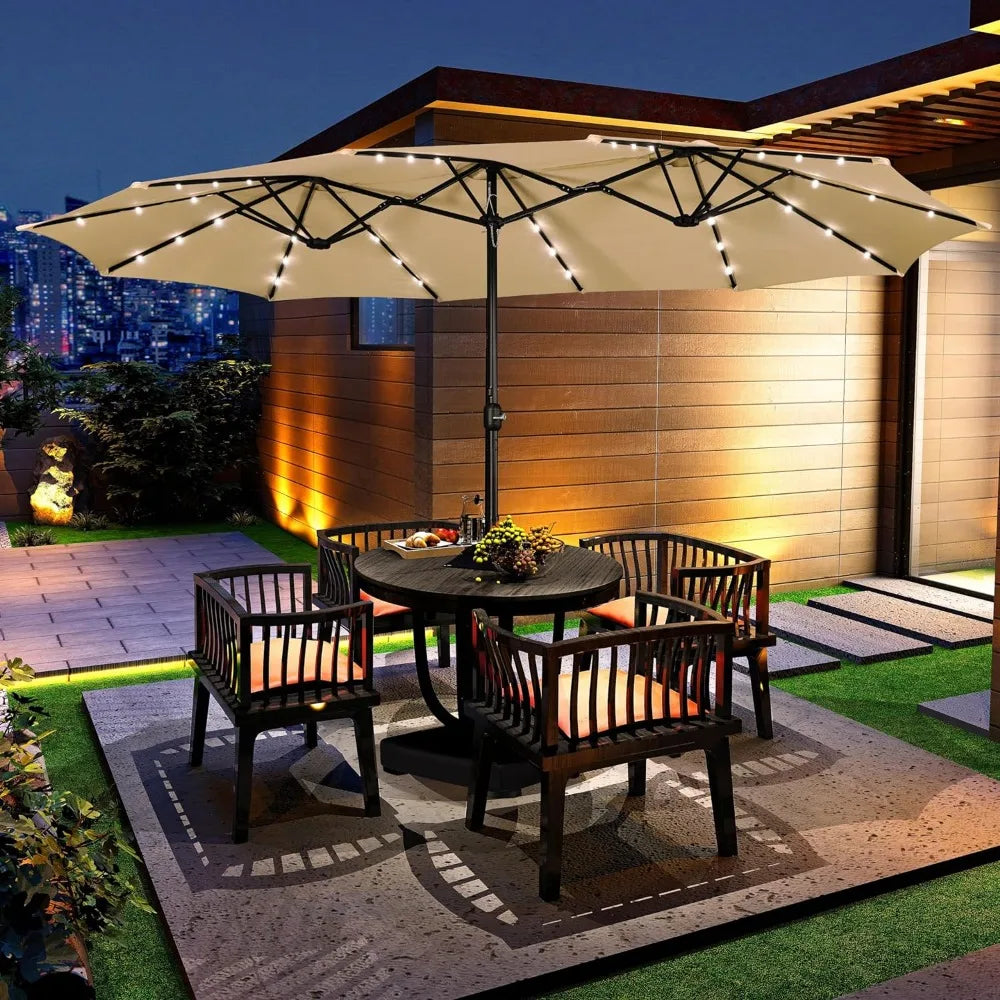 Grand parasol de terrasse avec 36 lumières LED/base incluse/manivelle pour patio, jardin, cour, piscine, 15 pieds