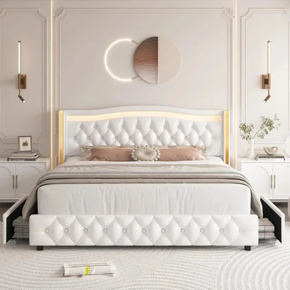 Smart LED Platform Bed Frame with 4 Storage Drawers, Crystal Button-Tufted & Stainless Gold Trim Wingback Headboard