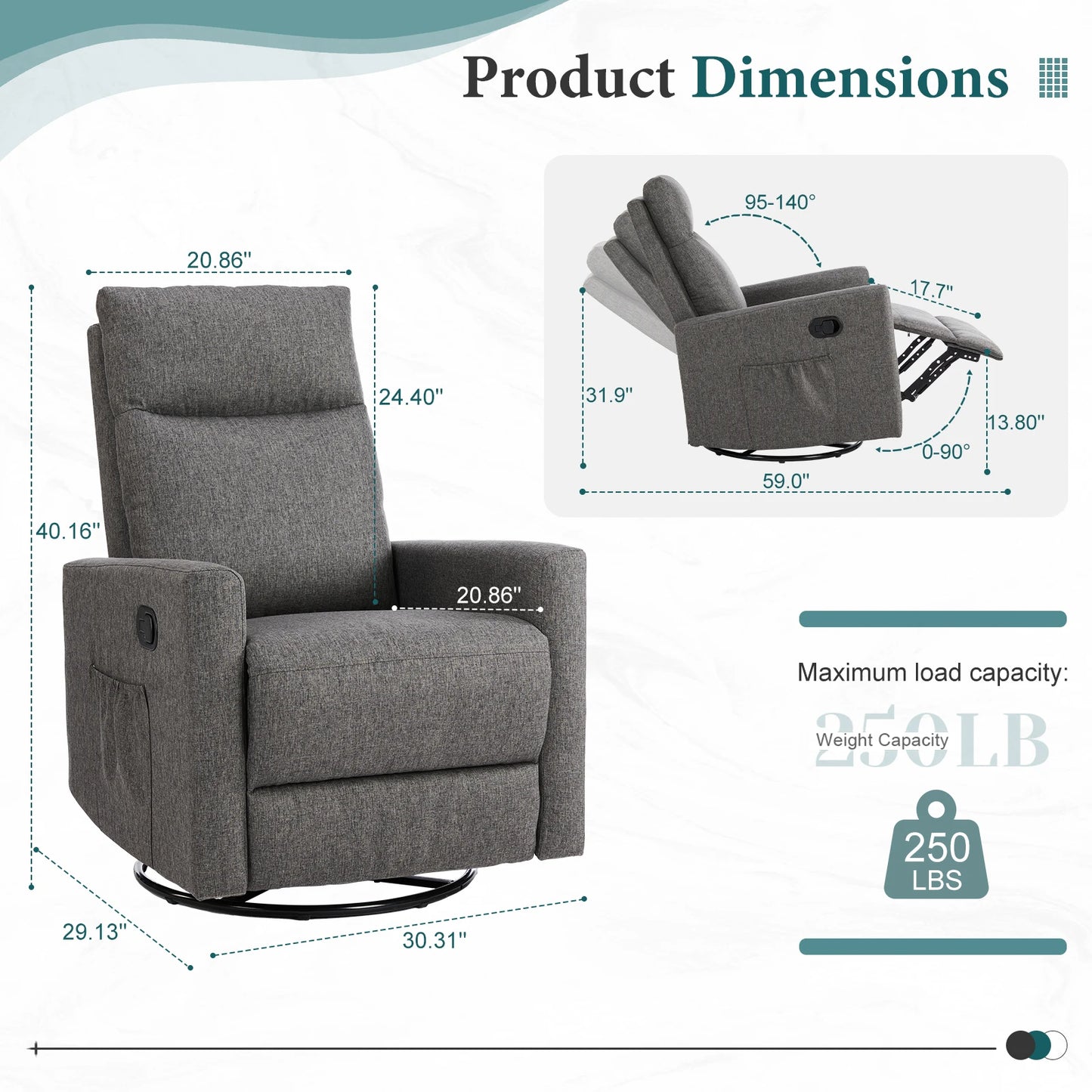 Rotating rocking chair recliner, glider baby chair with oversized foot pedals