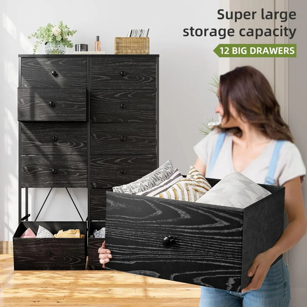 12 Drawer Black Dresser & Chest of Drawers for Closet Hallway, Bedroom Furniture with Wooden Top and Metal Frame Veins