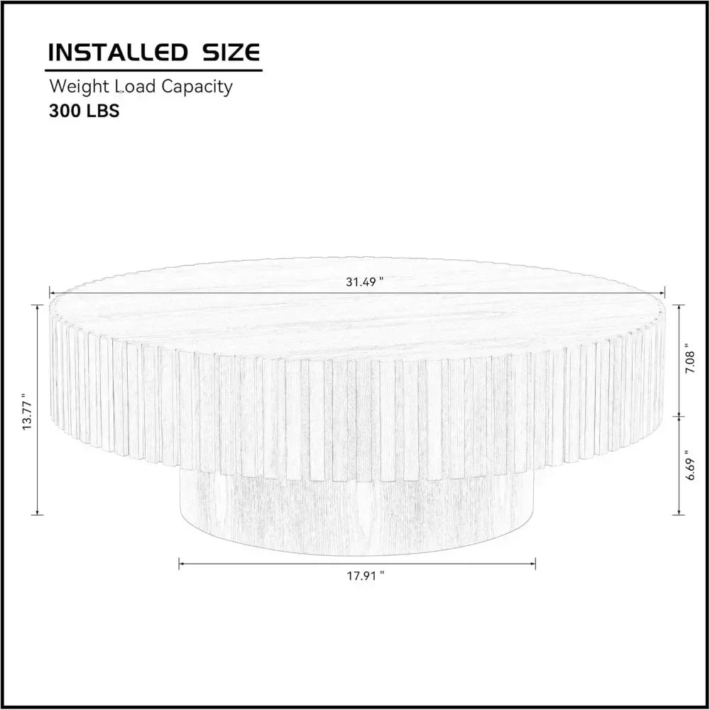 31.49'' Round Coffee Table Wood End Table for Living Room, Modern Contemporary Circle Fluted Drum Side Table,Café Furniture