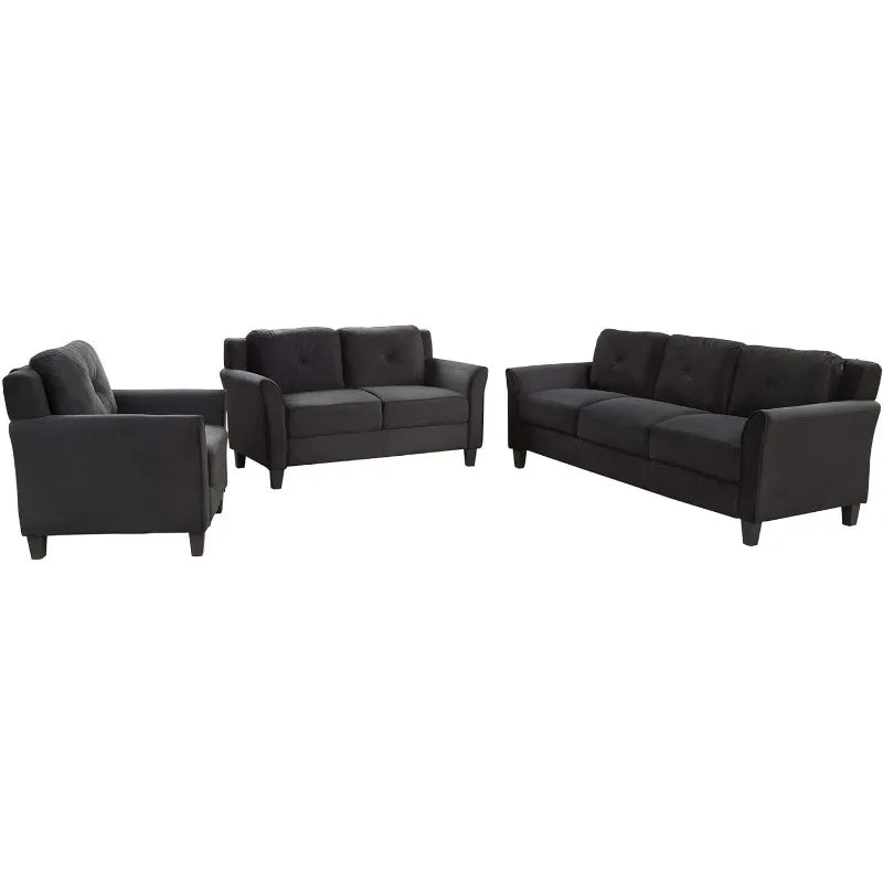 Juego de sofá seccional de 3 piezas, muebles de sala de estar tapizados con botones de estilo moderno, color negro