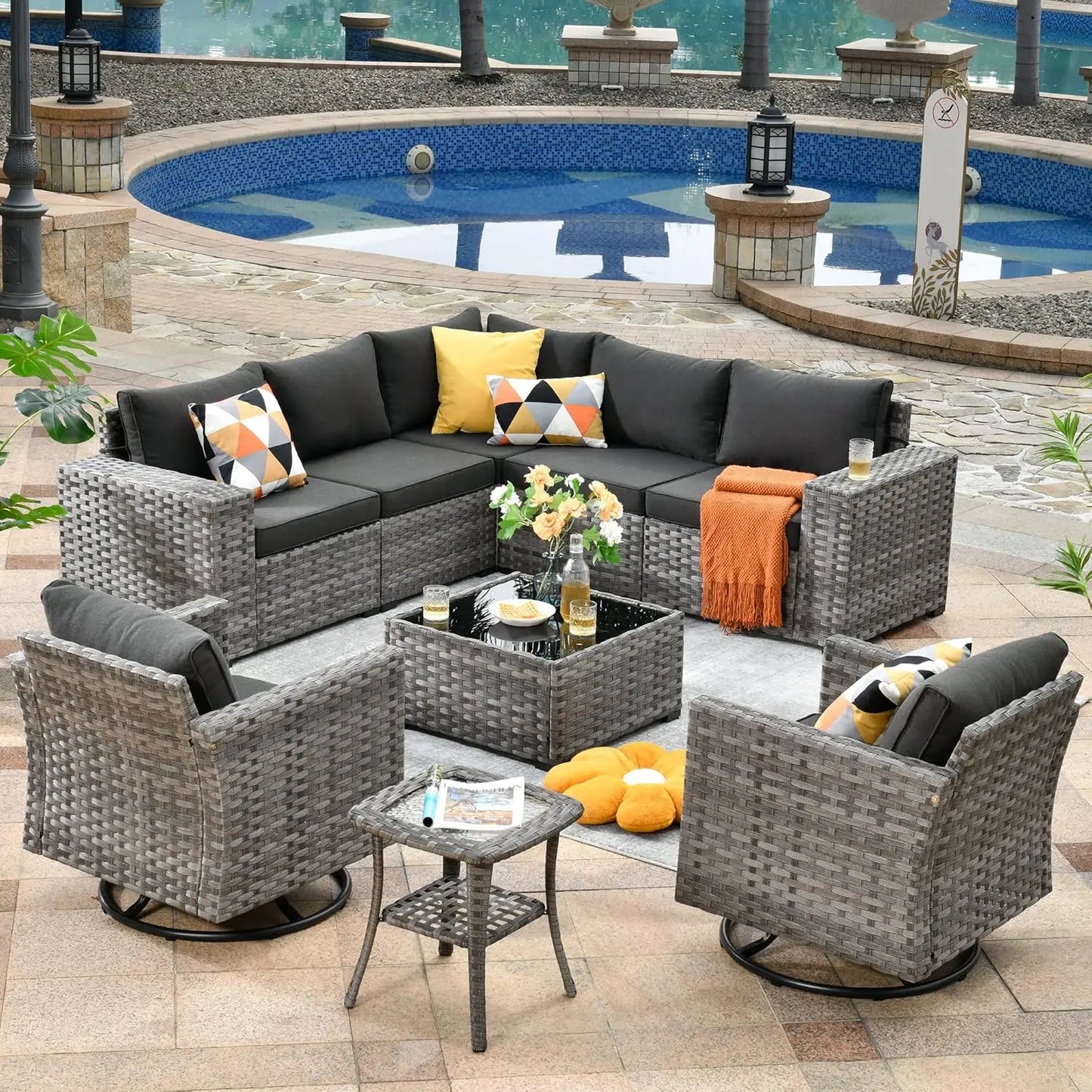 Ensemble de meubles de patio, canapé d'extérieur sectionnel avec chaises pivotantes à bascule, canapé de conversation en osier PE pour terrasse de jardin