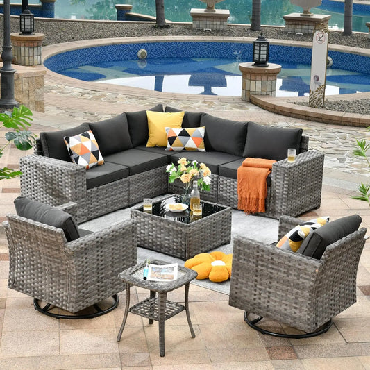 Ensemble de meubles de patio, canapé d'extérieur sectionnel avec chaises pivotantes à bascule, canapé de conversation en osier PE pour terrasse de jardin