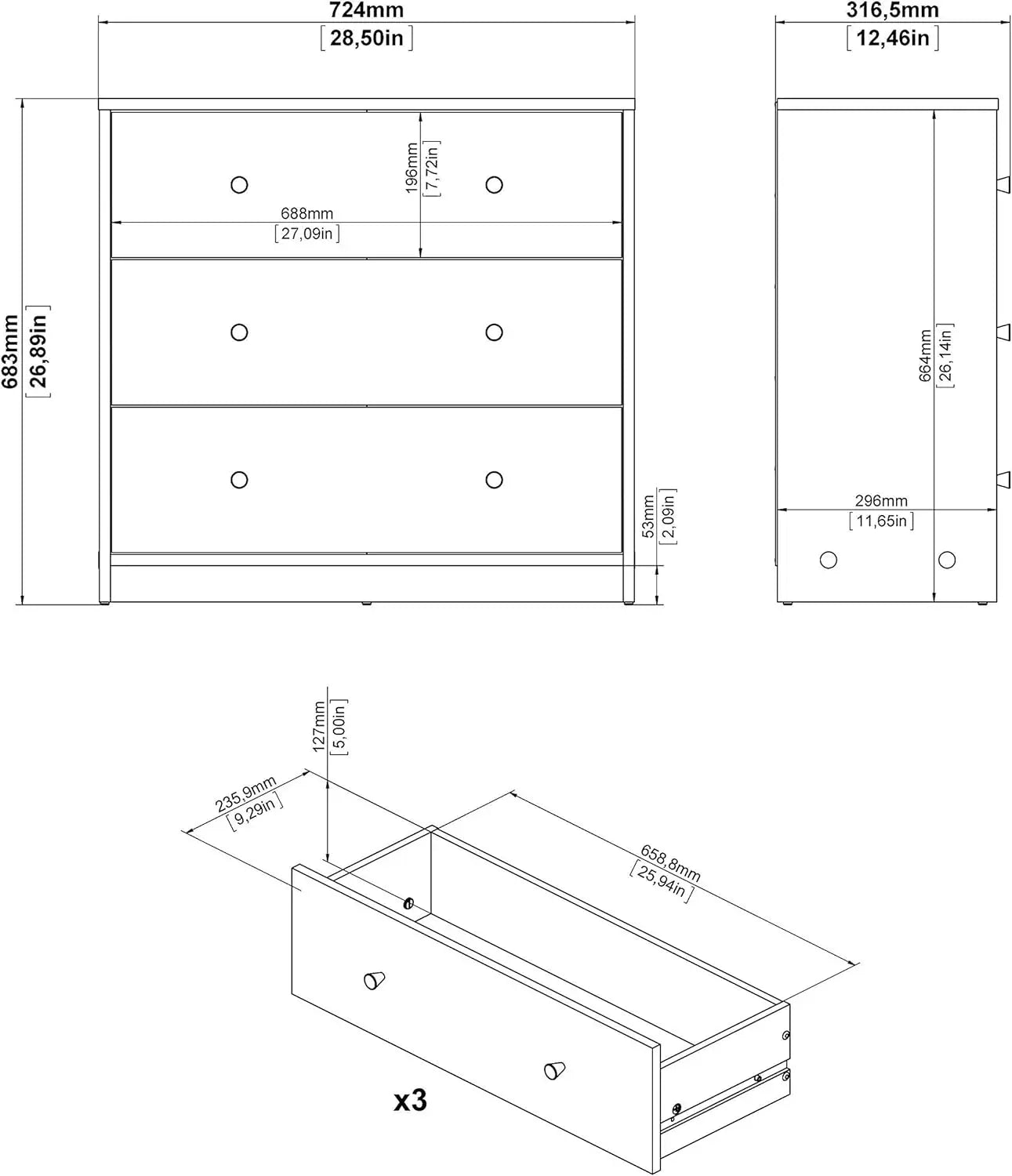 3 Drawer Dressers,Storage Cabinet,Morden Nightstand ,for Closet,Living Room,Hallway,Bedroom,White