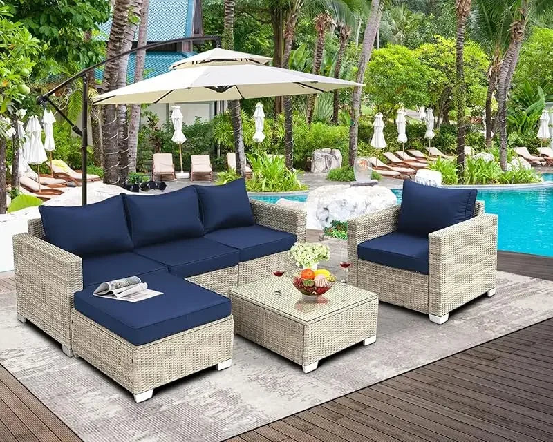 Q6 pieces set outdoor sectional wicker furniture patio couch with Ottoman for lawn, balcony, garden