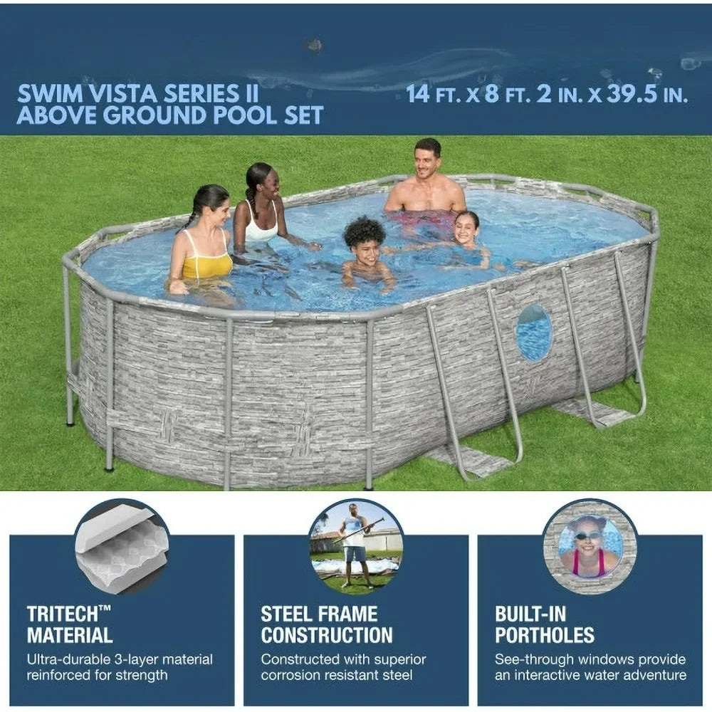 Above Ground Outdoor Swimming Pool Set 14' x 8' 2" x 39.5" with 530 GPH Filter Pump, Ladder, and Pool Cover, Large Family Pool