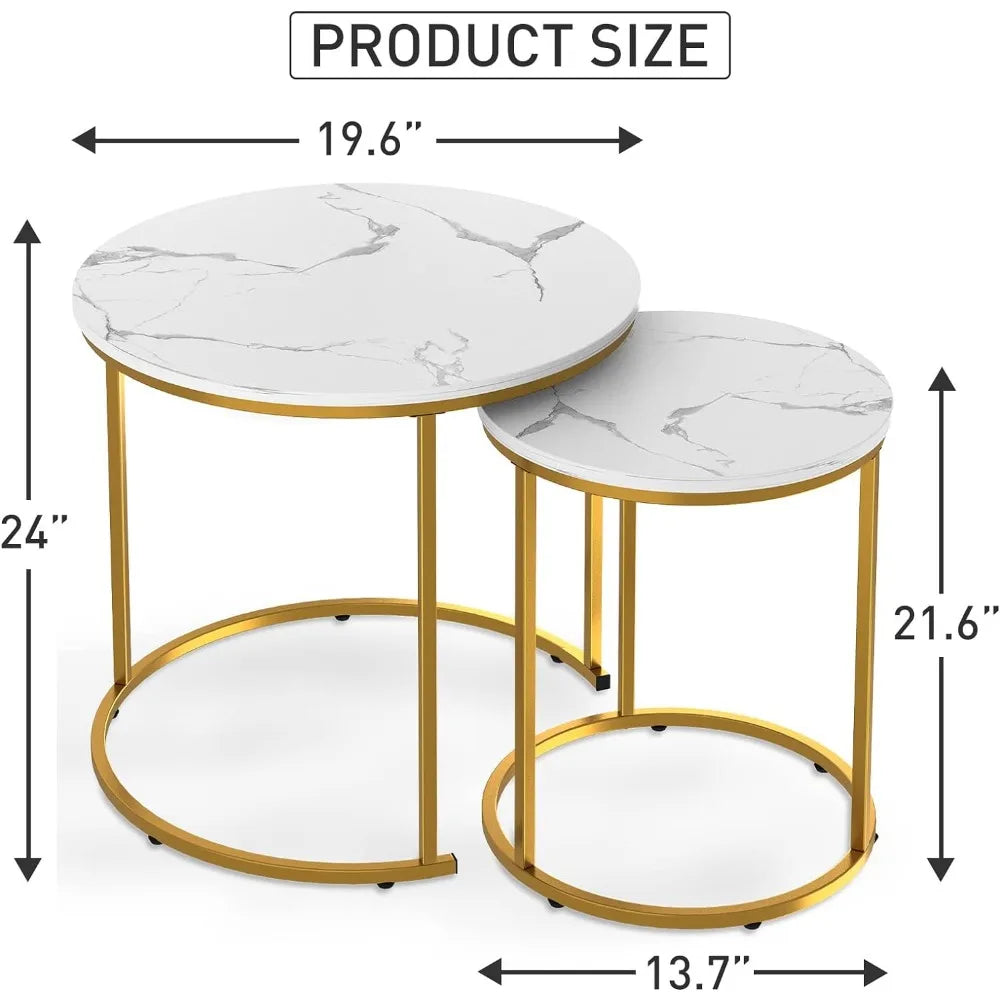 White Marble Nesting Coffee Table for Small Place 24 in 2 Sets High Side End Sofa Table Nightstand Modern Furniture Living Room