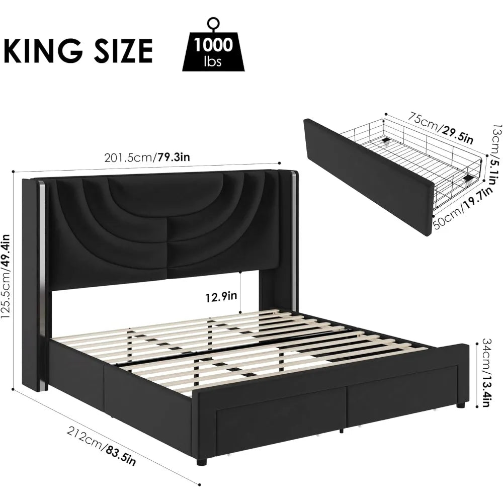 Bed Frame with 2 Storage Drawers, Velvet Platform Bed with Wingback Headboard, Solid Wooden Slats Support, LM