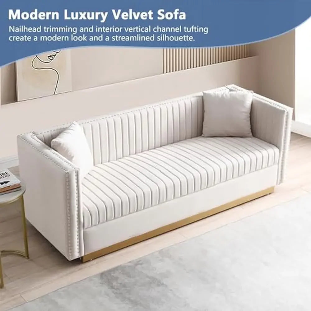 Velvet Channel Tufted Sofa Set with Nailhead Trim and Gold Metal Legs Modern Living Room Furniture Apartments Sturdy Wood Frame