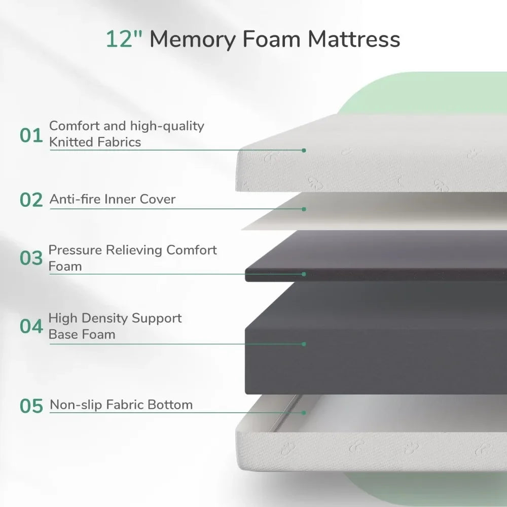 12 Inch Queen Size Memory Foam Mattress With Comfort Foam for Pressure Relief & Cool Fresh Sleep Mattresses Double Bedroom Home