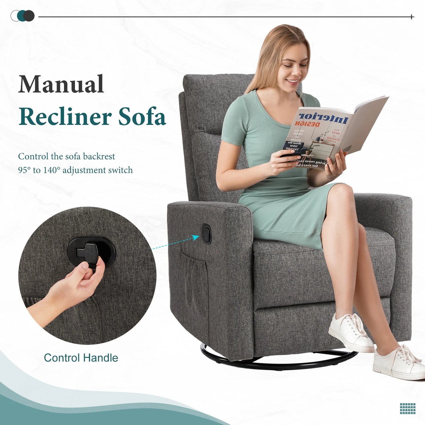 Rotating rocking chair recliner, glider baby chair with oversized foot pedals