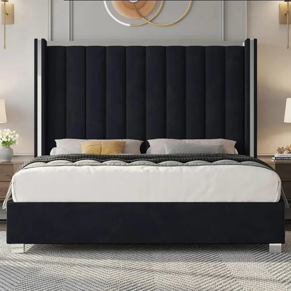 Cadre de lit king size avec tête de lit de 58 po de hauteur, lit plateforme rembourré en velours avec tête de lit à oreilles et garniture en placage