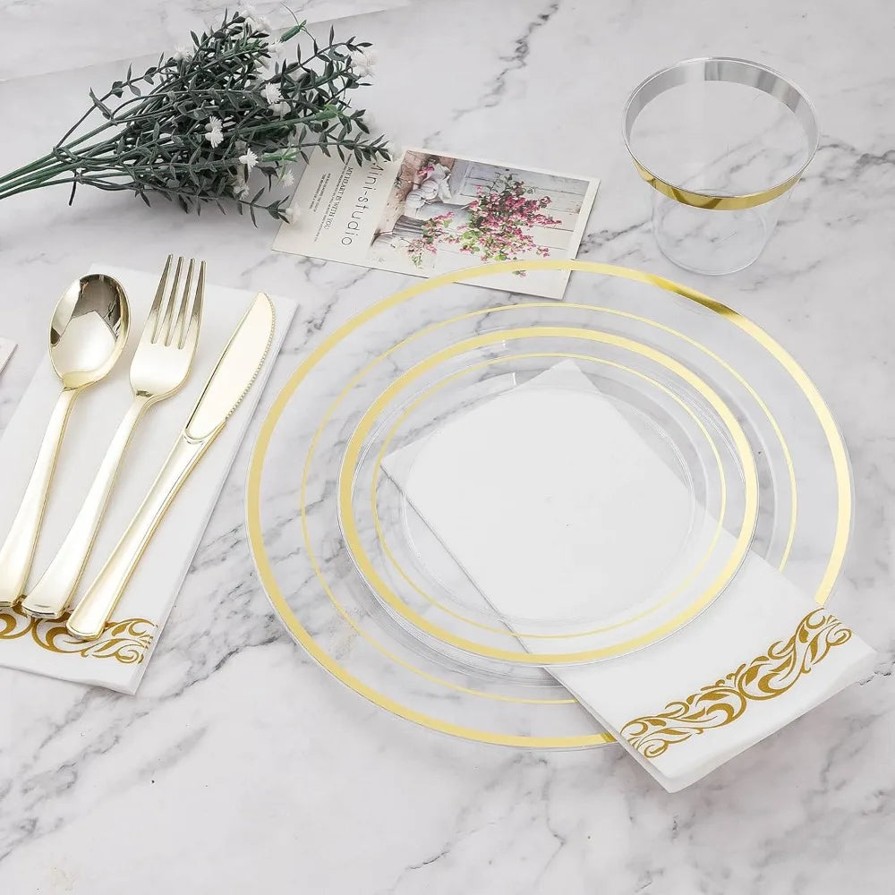 700PCS Clear Gold Disposable Dinnerware Set (100 Guests),for Party, Wedding,200 Plastic Plates,100 Gold Silverware, Cups,Napkins