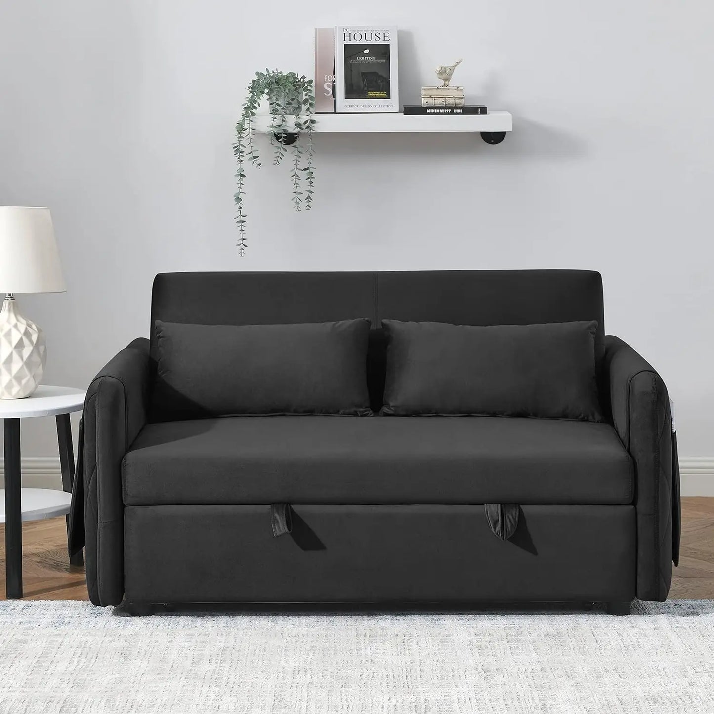 55" Loveseat with Pull Out Bed, 3 in 1 Convertible Velvet Sleeper Sofa Bed with Adjustable Backrest & 2 Pillows, 2 Arm Pocket