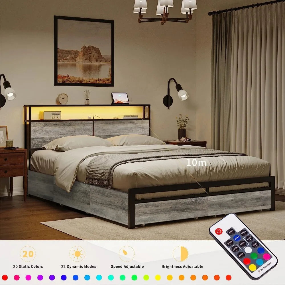 Bed Frame with Storage Headboard and 4 Drawers LED Lights Metal Platform Non-Slip Without Noise Mattress FoundationLM