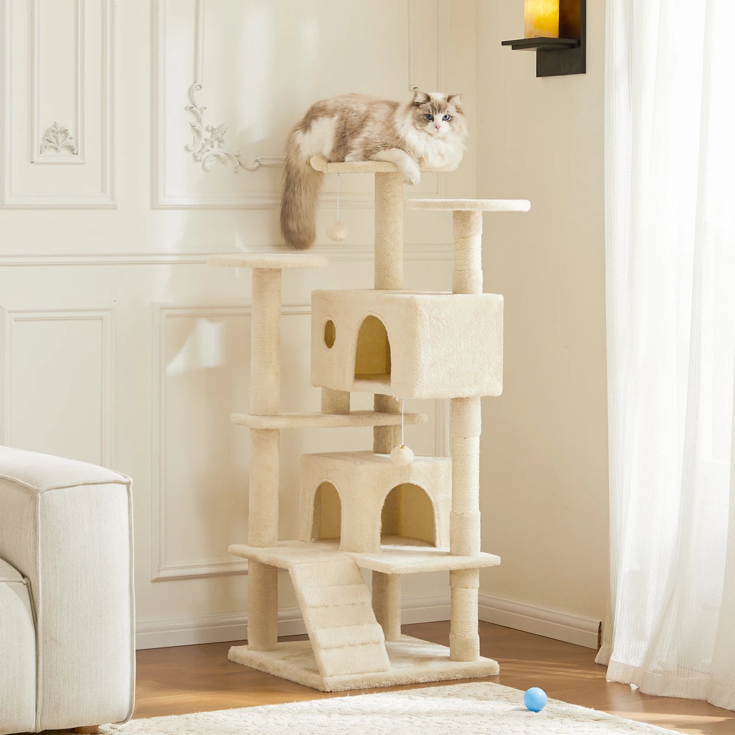 JHK Arbre à chat à plusieurs niveaux de 137 cm de haut pour meubles d'intérieur pour animaux de compagnie, maison de jeu stable pour chat avec griffoir en sisal pour la maison