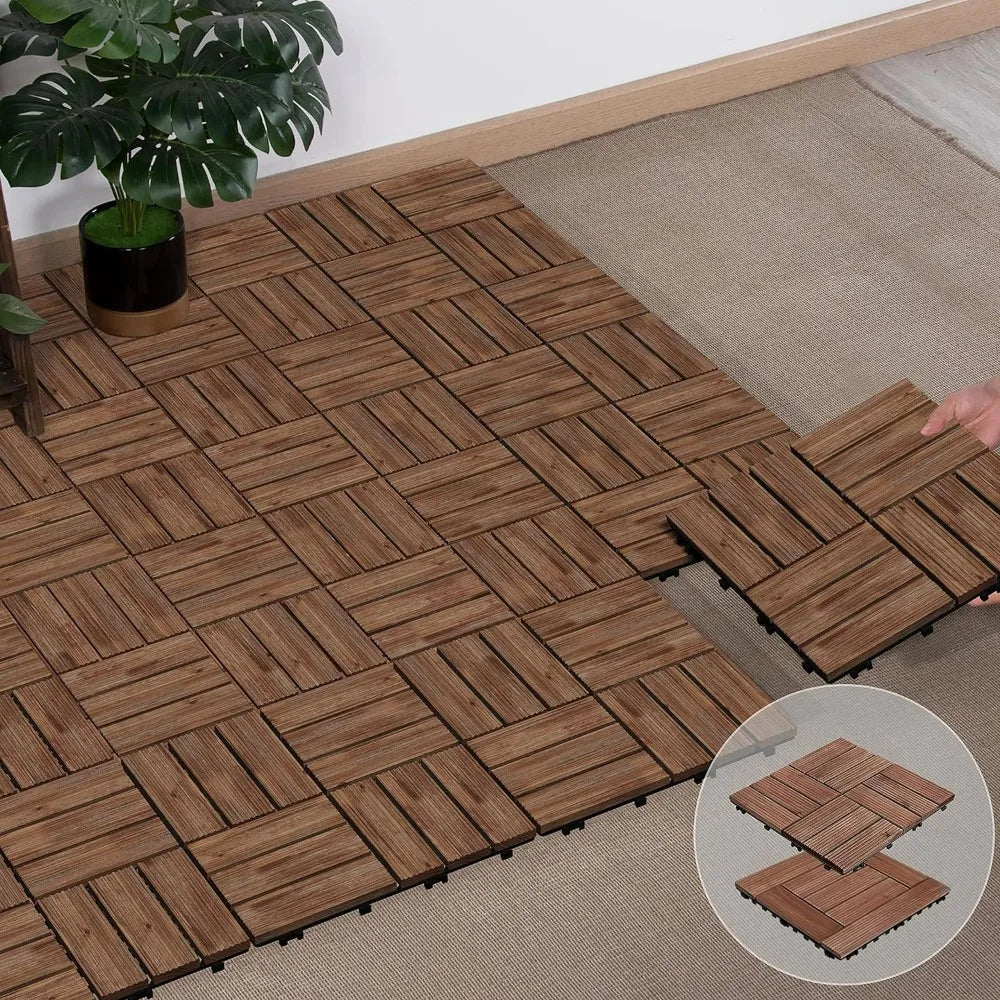 Wooden Decking Tiles 27PCS 12 x 12in Interlocking Patio Composite Balcony Floor Covering for Patio Garden Pathway 1 sq. ft