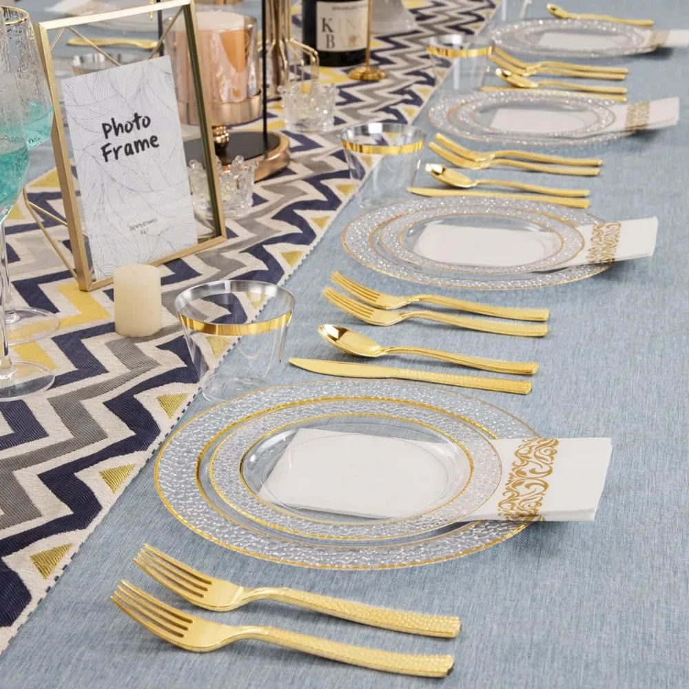 350PCS Gold Disposable Dinnerware Set, 50 Dinner Plates, Salad Plates, Guests Silverware Set, Cups, 50 Napkins