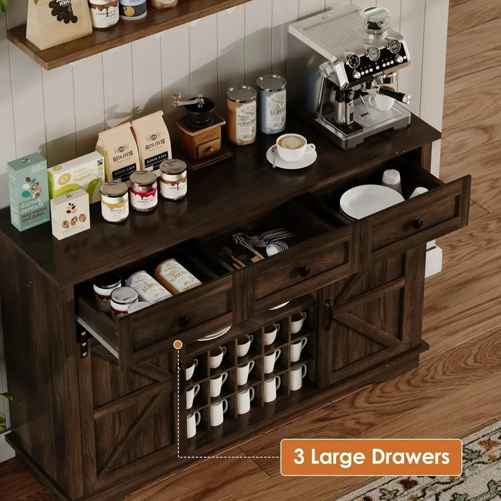 Mueble bar de café estilo granja con espacio de almacenamiento, mueble buffet de 54 pulgadas con 3 cajones, mueble bar para vinos, muebles de bar para el hogar