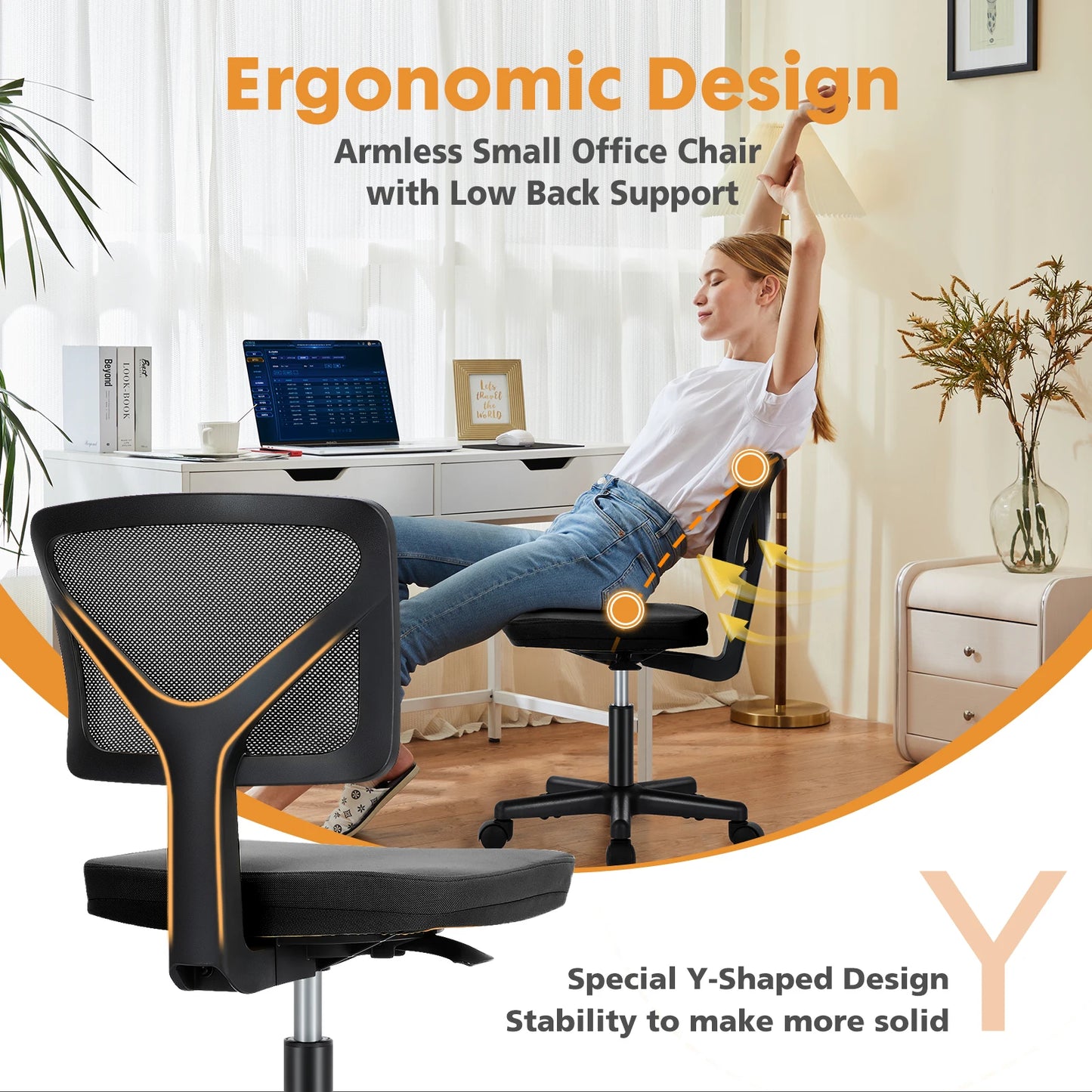 JHK Mesh with Lumbar Support Armless Office Chair Low Back with Wheels Adjustable Height 360° Rolling Swivel Computer Chair